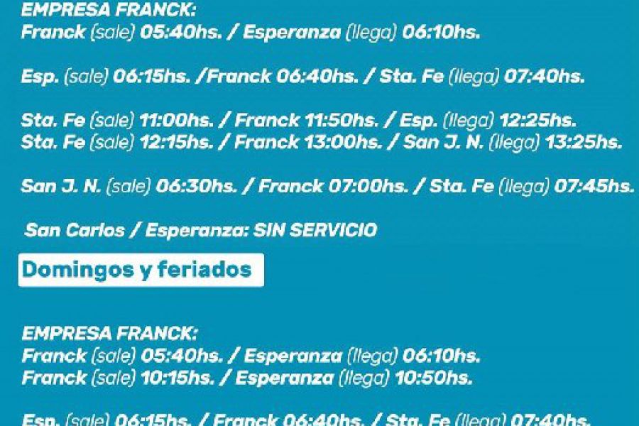 Transporte interurbano Empresa Franck - Frecuencias