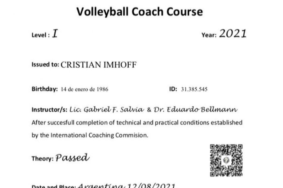 Cristian Imhoff - Certificado DT Internacional de Volleyball