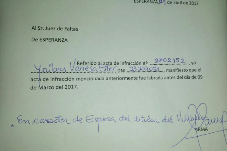 Nota al Juez de Faltas de Esperanza