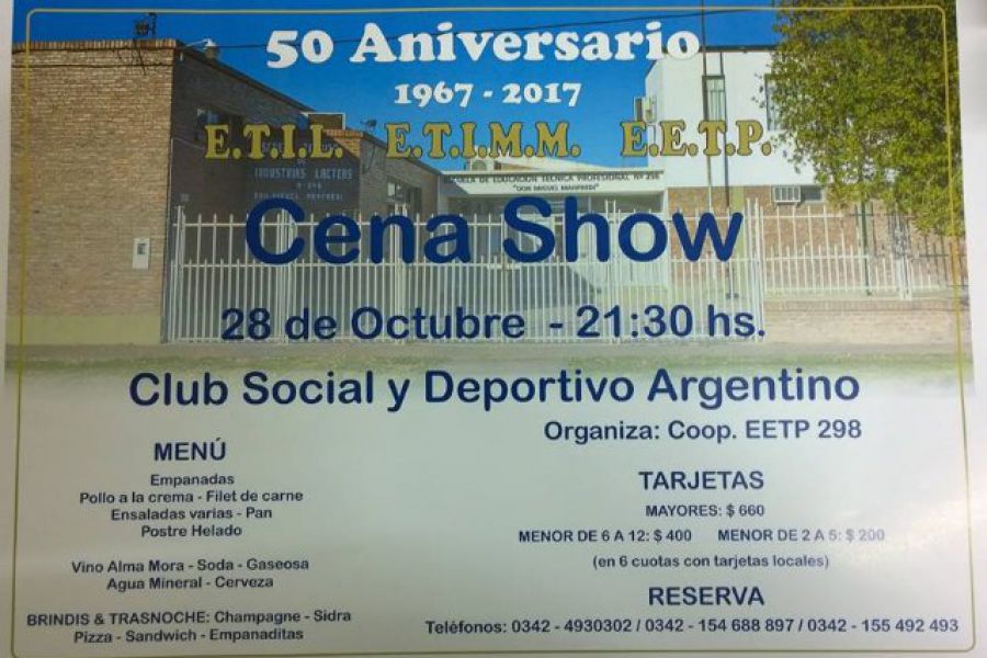 Cena show por el 50º Aniversario de la EETP Nº 298