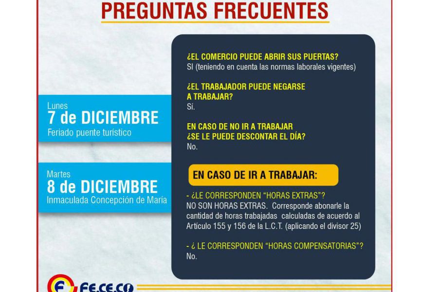 Aviso de FeCeCo - Feriados 7 y 8 de Diciembre 2020