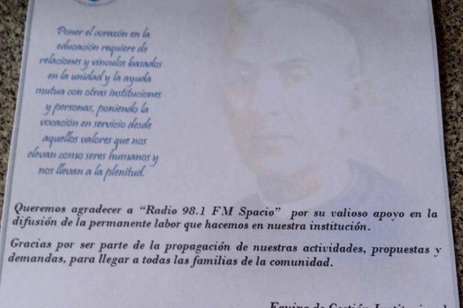 Agradecimiento Complejo Educativo Beato Luis María Monti