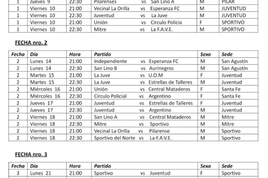 Fixture M y F de Futsal Las Colonias 2022