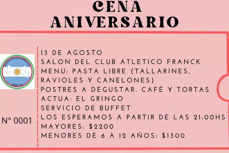 Tarjeta Cena Aniversario del Circulo Italo Argentino de Franck