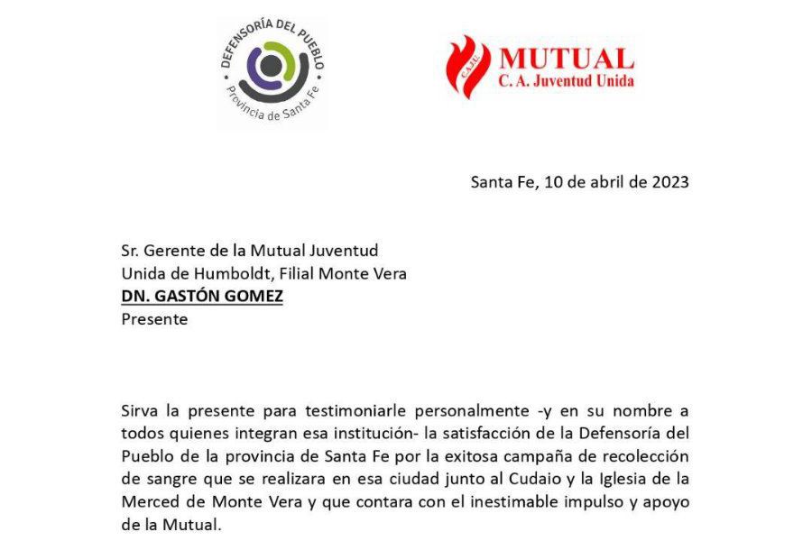 Nota de agradecimiento - Mutual Caju