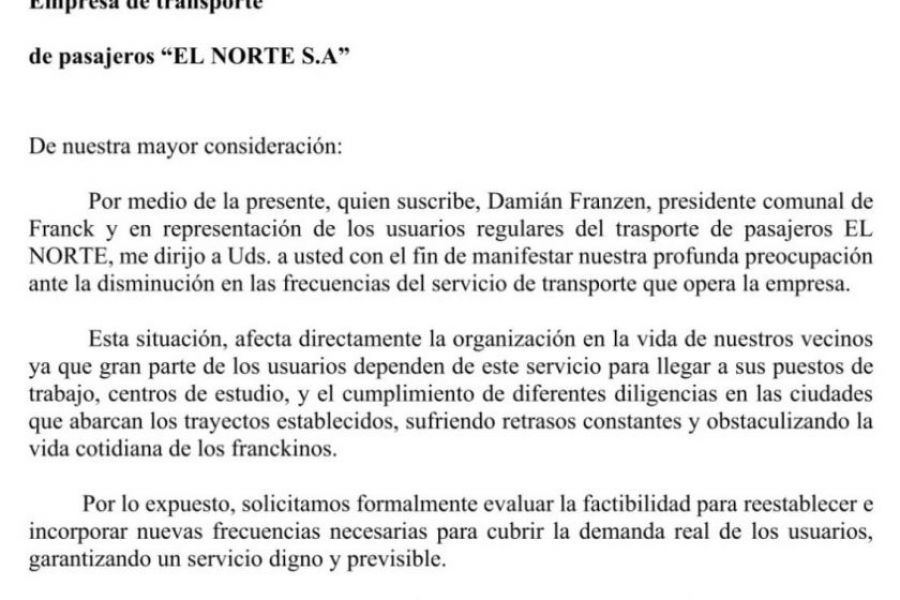 Nota Comunal al Transporte El Norte SA