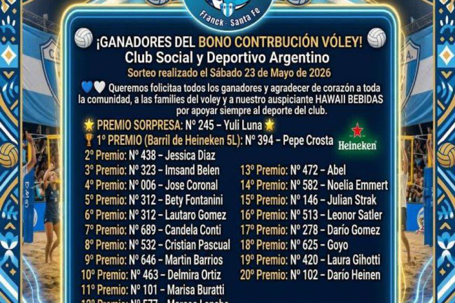 Ganadores Bono contribución - Voley CSyDA